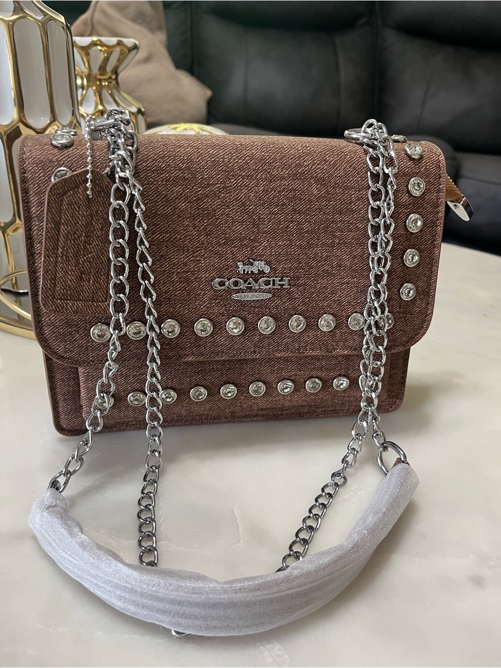 Coach Brown Studded Crossbody Bag with Silver Chain
